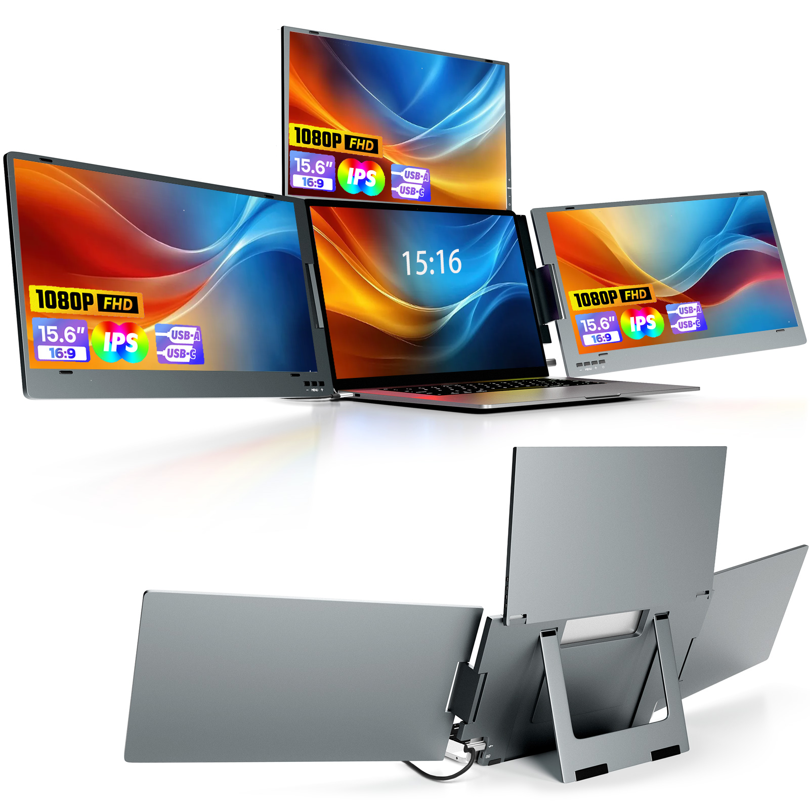 15.6" Triple Screen Laptop Extender Monitor, Portable USB-C Display